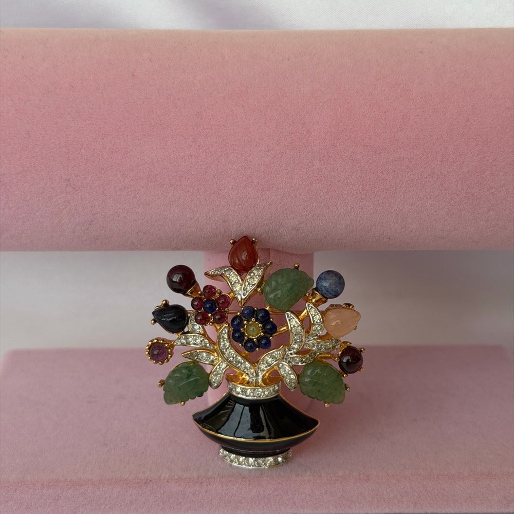 Judith Leiber Vintage Multi-Gemstone & Enamel Flower Vase Brooch